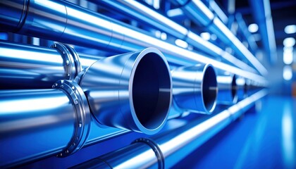 Factory with metal pipes. Metal pipes background. Pipelines.