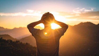 Silhouette of man in sunset. Man holding his head with hands. Man feeling stress. Stressful situation. Upset. Man is thinking. Frustration. Happiness.