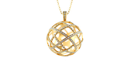 A gold pendant with a lattice sphere design, each intersection encrusted with a tiny diamond, exuding luxury, white backdrop