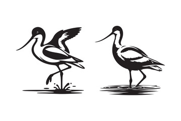 Avocet Bird Silhouette Vector Set Wading Waterfowl in Minimalist Ink Style