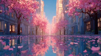 Pink Cherry Blossoms Line a City Street Reflecting in a Puddle
