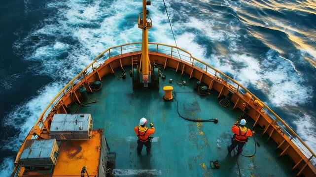 Aerial View of Two Maritime Workers on the Bow of a Ship Sailing Through Choppy Ocean Waters, Wearing Safety Gear and Hard Hats