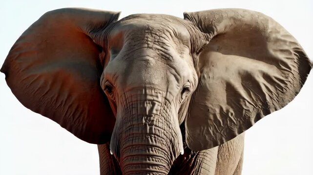 Detailed close-up portrait of an African elephant with large ears against a bright white background showcasing skin texture and patterns.