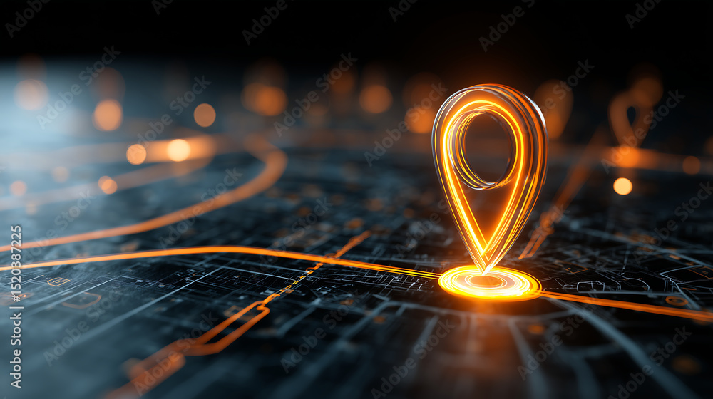 Poster glowing orange gps pin hovering over a futuristic digital street map for advanced navigation and loc