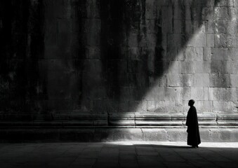 Solitude and Reflection: A Monk Bathed in Light by an Ancient Wall