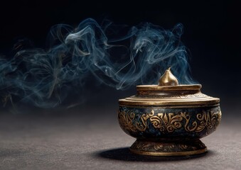 Mystic aroma diffuser with a curling plume of smoke on black background creates zen atmosphere