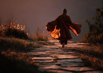 A peaceful journey: Monk walking at sunset symbolizing faith and serenity