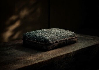 Rustic cushion on a wooden table with dark background, adding a moody and cozy ambiance