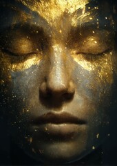 Golden elegance portrait with textured skin and eyes closed in mystic light effects