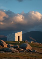 Striking angular modern building on a hilltop beneath a dramatic cloudy sky scenic landscape