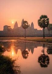 Angkor Wat Temple reflects beautifully in the lake at sunrise, Siem Reap, Cambodia