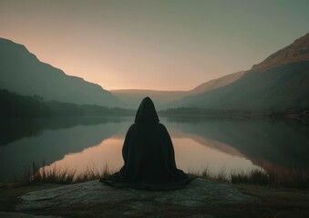 Cloaked figure contemplates a tranquil mountain lake at sunrise in silent reflection