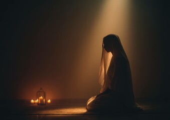 Silhouette of a woman in prayer with candles and a single beam of light above
