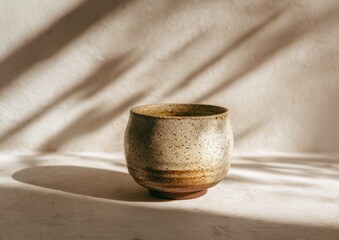 Artistic ceramic bowl casting shadows, evocative of zen and minimalist aesthetic