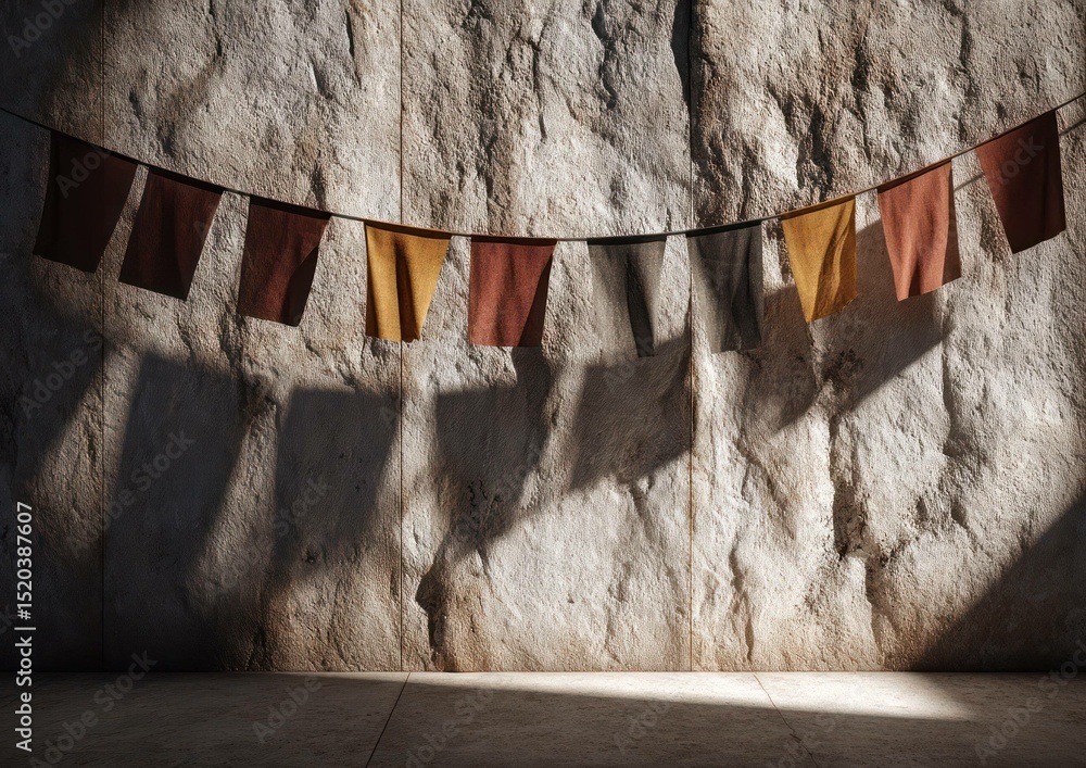 Poster medieval flags hanging on a stone wall casting shadows, creating a rustic atmosphere