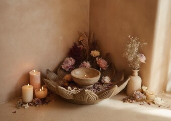 Aesthetic composition of candles, flowers, and wooden elements for spa and relax