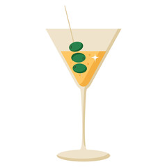 Retro summer cocktail martini in glass with olives. Flat vector illustration on white background