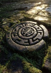 Ancient Stone Carving Amidst Mossy Terrain a Glimpse into a Forgotten Past