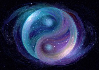 An abstract image of a yin and yang symbol with swirling galaxy colors