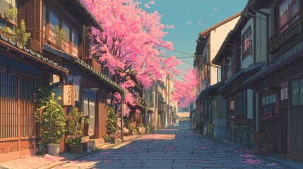Fototapeta premium Cherry Blossom Street Scene in Japan Anime Style