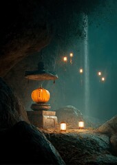 Mystical Cave Shrine Illuminated by Lanterns and Soft Light in a Tranquil Setting