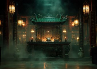 Mystical ambiance of an ancient Chinese temple altar shrouded in smoke and lanterns glow