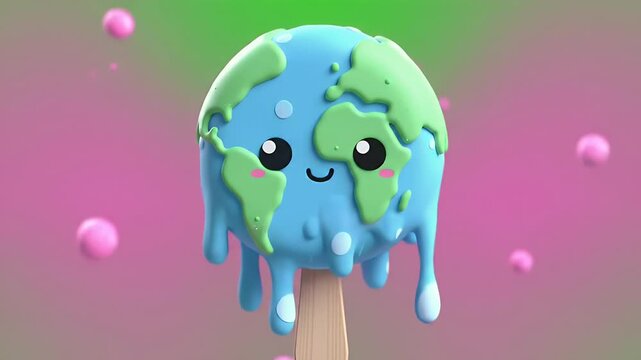 Melting Earth Ice Cream Pop Animated on Gradient Background with Cartoon Style 3D Render Perfect for Earth Day and Environmental Awareness