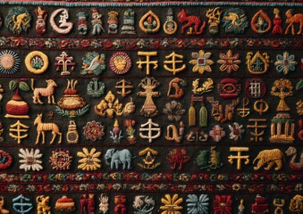 Intricate textile art showcasing diverse embroidery patterns and cultural symbols on fabric