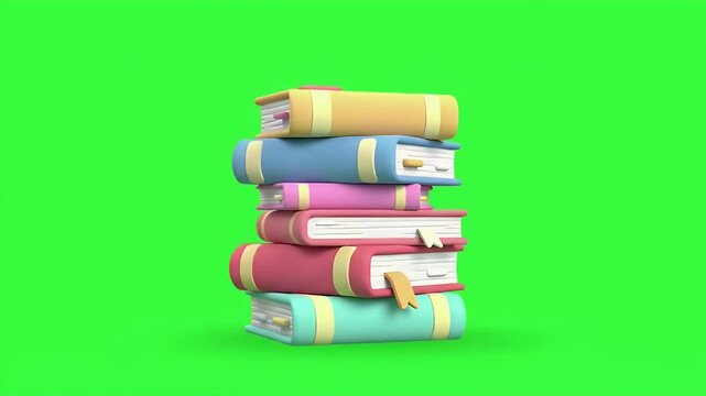 Vibrant Stack of Cartoon Books 3D Render Isolated on Green Screen Background for Education Decoration