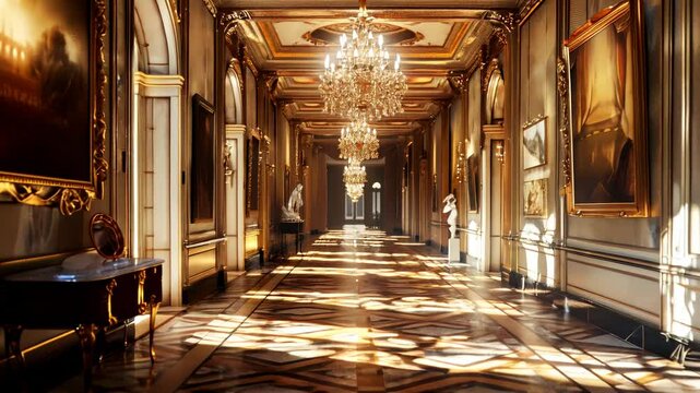 Luxury interior of old classical museum, perspective of empty vintage hall with marble floor and paintings on walls. Concept of art, exhibition, gallery, room, history and design. 