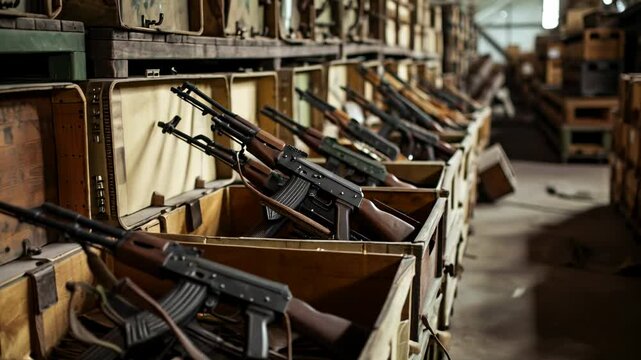 Weapon and army equipment in warehouse, wooden boxes with machine guns in storage, illegal smuggle arsenal. Concept of war, store, military industry, violence.