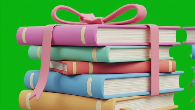 Cartoon Stack Of Colorful Books Tied With Pink Ribbon On Green Screen Background In 3D Render - Powered by Adobe