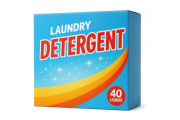 Cardboard laundry detergent box in blue, featuring vibrant orange-yellow wave, sparkling design, forty-load capacity