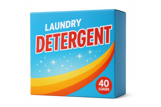 Cardboard laundry detergent box in blue, featuring vibrant orange-yellow wave, sparkling design, forty-load capacity
