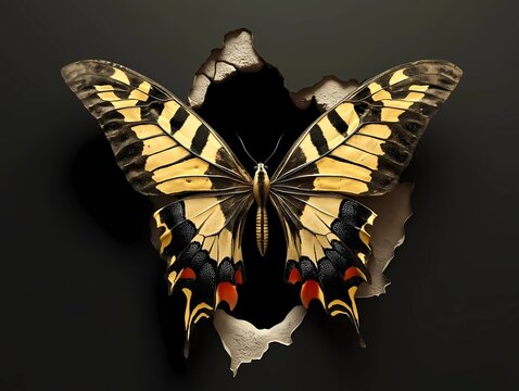 3D Butterfly Emerging from Wall Aperture on Black Background &ndash; Surreal Elegance in Motion
