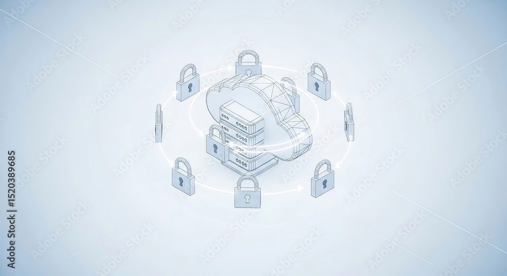 Poster isometric cloud security concept with padlocks in digital network setting