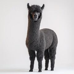 Obraz premium Black Fluffy Alpaca Portrait on Farm. Adorable Livestock with Cheery Disposition in Rural Pasture - Eco-Friendly Alpaca Culture & Sustainable Farming