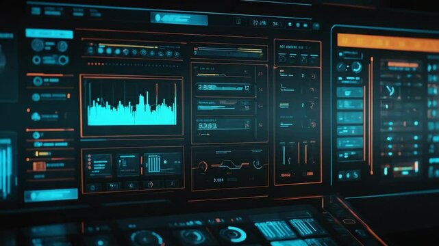 Futuristic digital interface displaying data and graphs with blue and orange neon color scheme