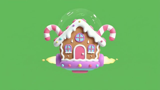 3D Render of a Gingerbread House with Candy Canes and Sprinkles on a Green Screen Looping Animation