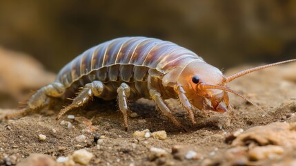 Close-up view of a segmented aquatic insect on ground.