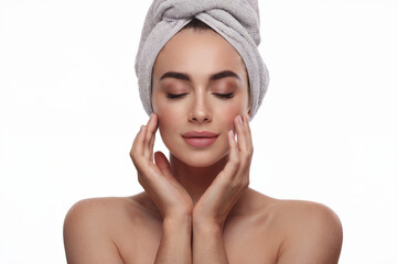 A beauty and skincare photograph of a caucasian woman with closed eyes and a serene expression, wearing a light gray towel wrapped around her head.