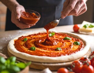 Person spreading tomato sauce on pizza dough
