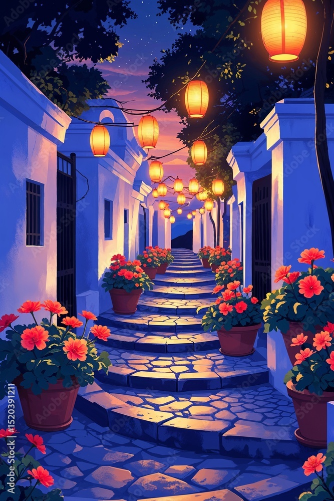 Poster winding pathways bordered by white walls bright geraniums and hanging lanterns in twilight backgroun