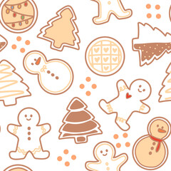pattern all about Christmas, soft and aesthetic, light brown
on a white background. Snowman, Christmas tree, gingerbread, Cookie