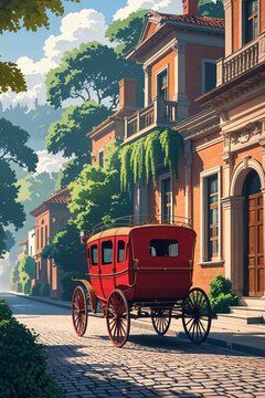 kalesa carriage in cobbled street beside ancestral house background wallpaper for card invitation or phone