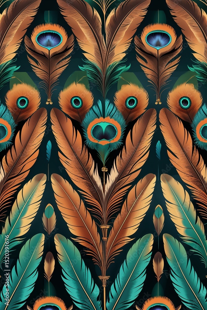 Aufkleber mosaic of falcon feathers arranged in symmetrical patterns with rich bronze and emerald hues backgro