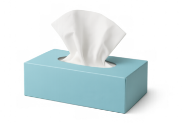 Light blue rectangular tissue box dispensing white tissues, isolated on a transparent background, ready for use