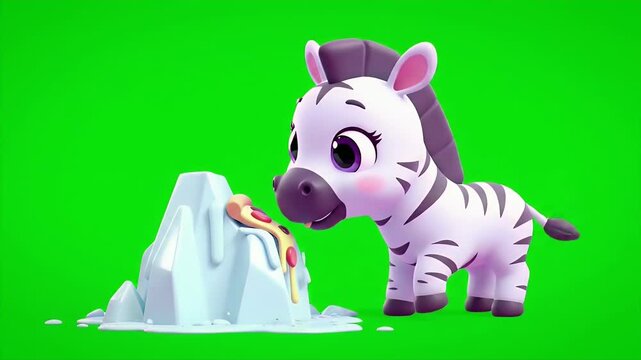 Cartoon Zebra Eating Pizza on Iceberg Isolated by Green Screen in 3D Render