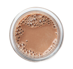 Tasty chocolate milk in glass isolated on white, top view
