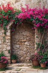 Rustic stone wall adorned with colorful blooming bougainvillea vines background wallpaper for card invitation or phone
